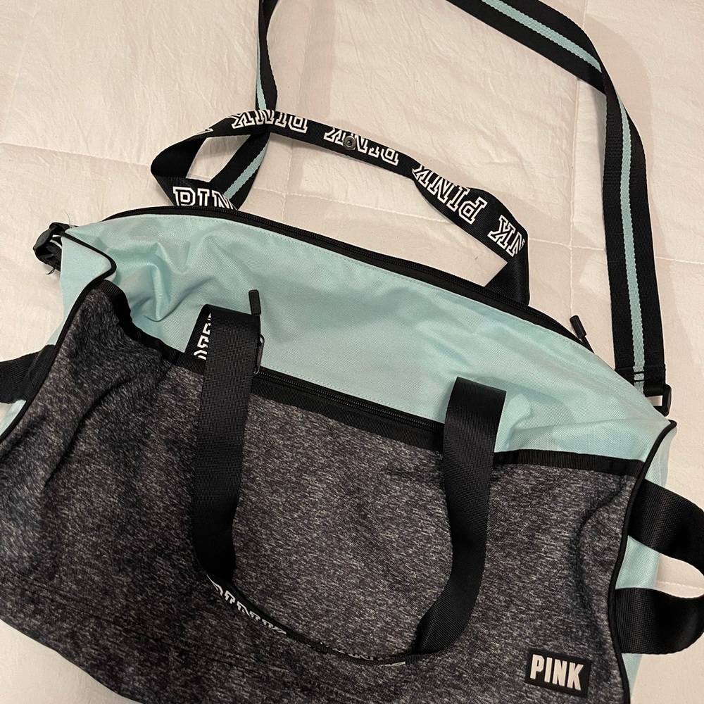 PINK Victoria's Secret Light Blue and Black Travel Duffle Bag